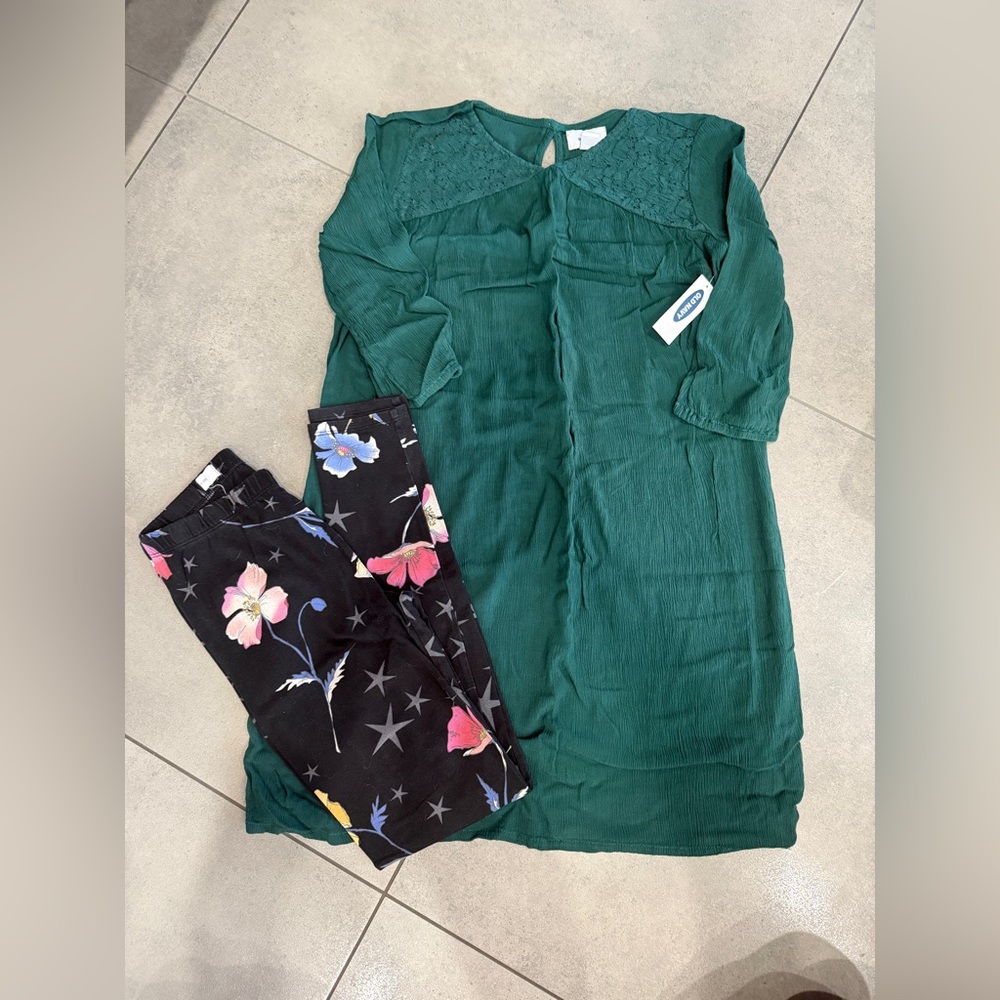 NWT Old Navy Gauze Green Dress & Gap Floral Leggings Sz 10-12 Large